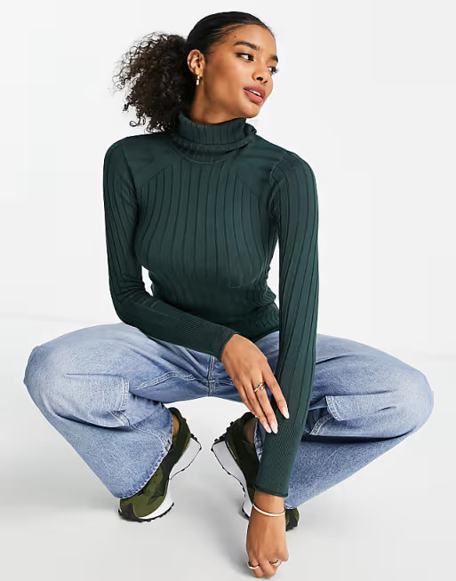 River Island roll neck wide rip jumper in dark green | ASOS (Global)