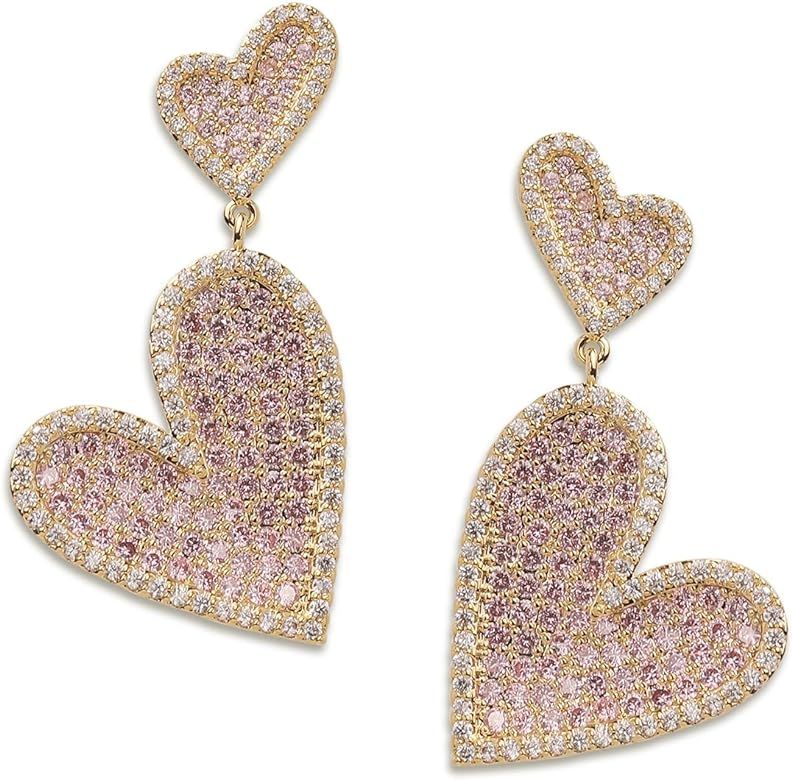 Sonateomber Double Pink Heart Dangle Drop Earrings for Women Teen Girls Cute Big Sparkly Bling Rh... | Amazon (US)