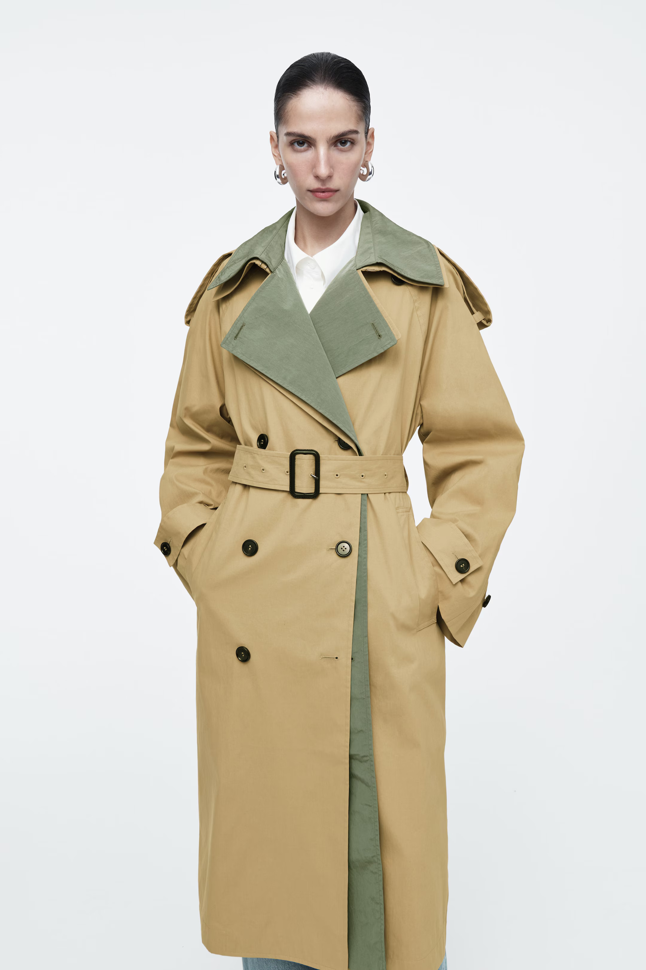 LAYERED DOUBLE-BREASTED TRENCH COAT - BEIGE / KHAKI | COS | COS UK