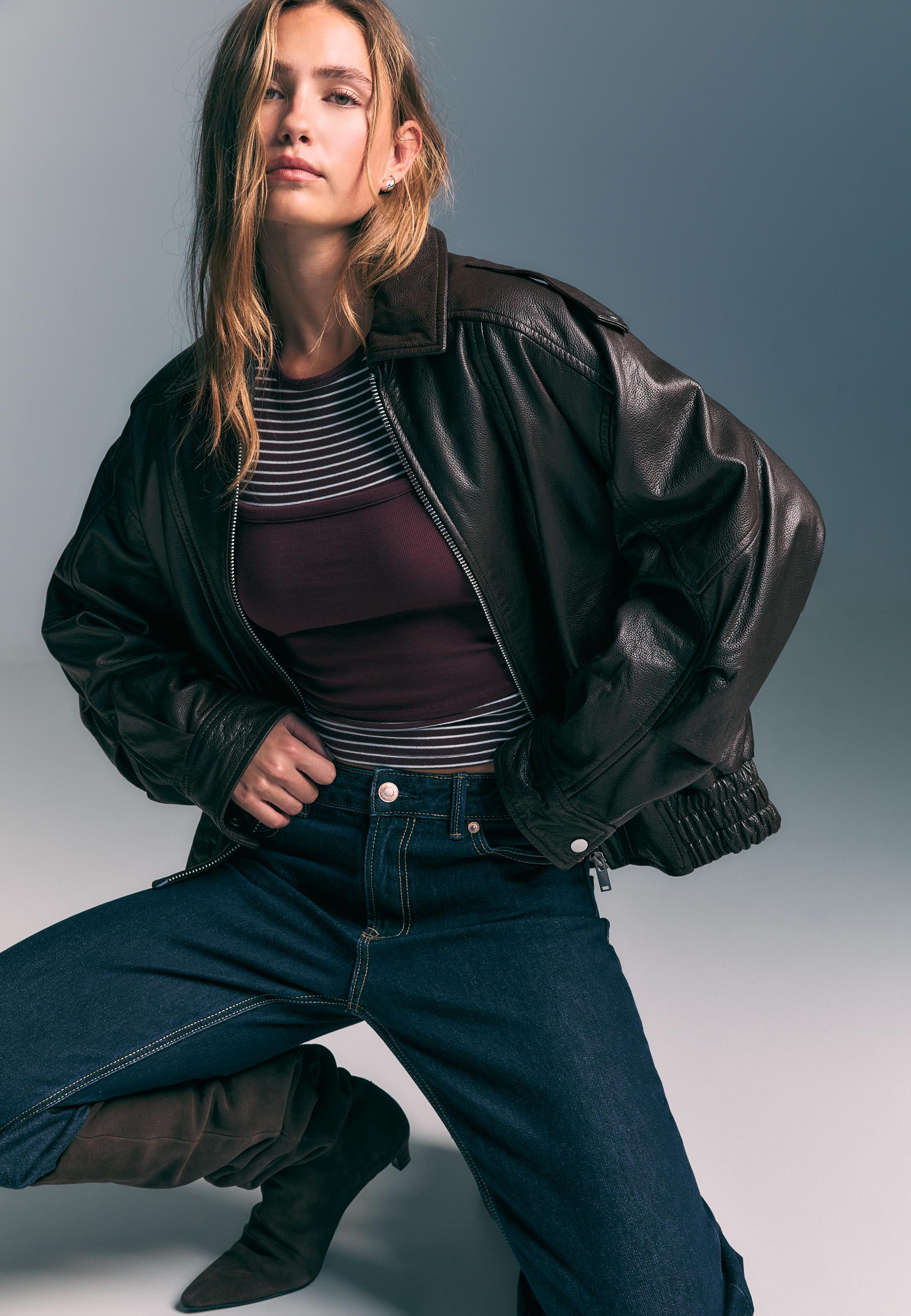 Oversize leather jacket - Women's Leather | Stradivarius United Kingdom | Stradivarius (UK)