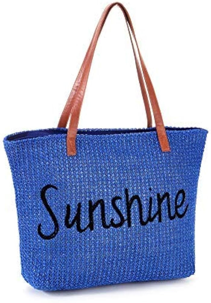 Genovega Stripe and Stitchwork Straw Tote Beach Bag with Zipper, Perfect for Beach Travel Shoppin... | Amazon (US)