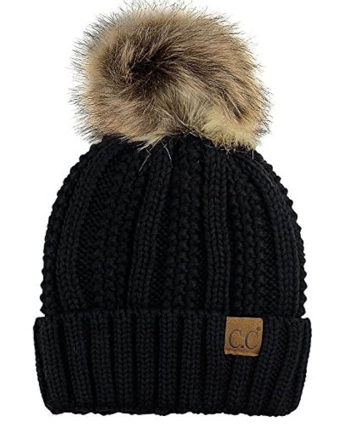 C.C Thick Cable Knit Faux Fuzzy Fur Pom Fleece Lined Skull Cap Cuff Beanie | Amazon (US)