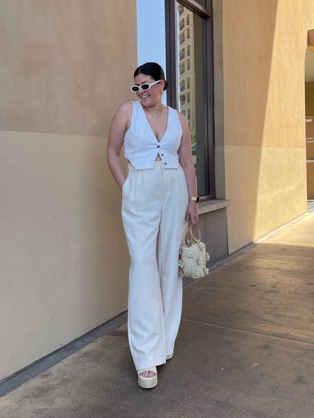 Cream trousers (8) | white vest (medium) | white sunglasses | rattan shoes | rattan bag | gold jewelry 

Bride to be, bachelorette, spring fashion, brunch outfit 

#LTKmidsize #LTKstyletip #LTKwedding