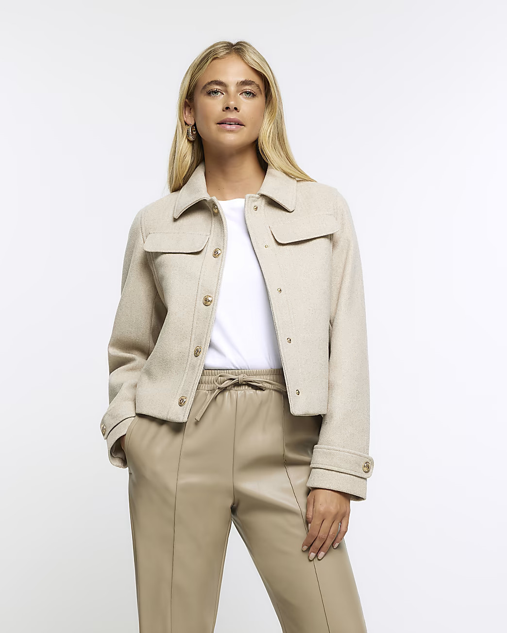 Beige buttoned up crop jacket | River Island (UK & IE)