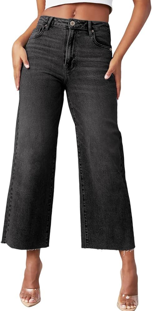 Sidefeel Womens Jeans High Waisted Cropped Jeans Stretchy Straight Wide Leg Denim Pants Fall Fash... | Amazon (US)