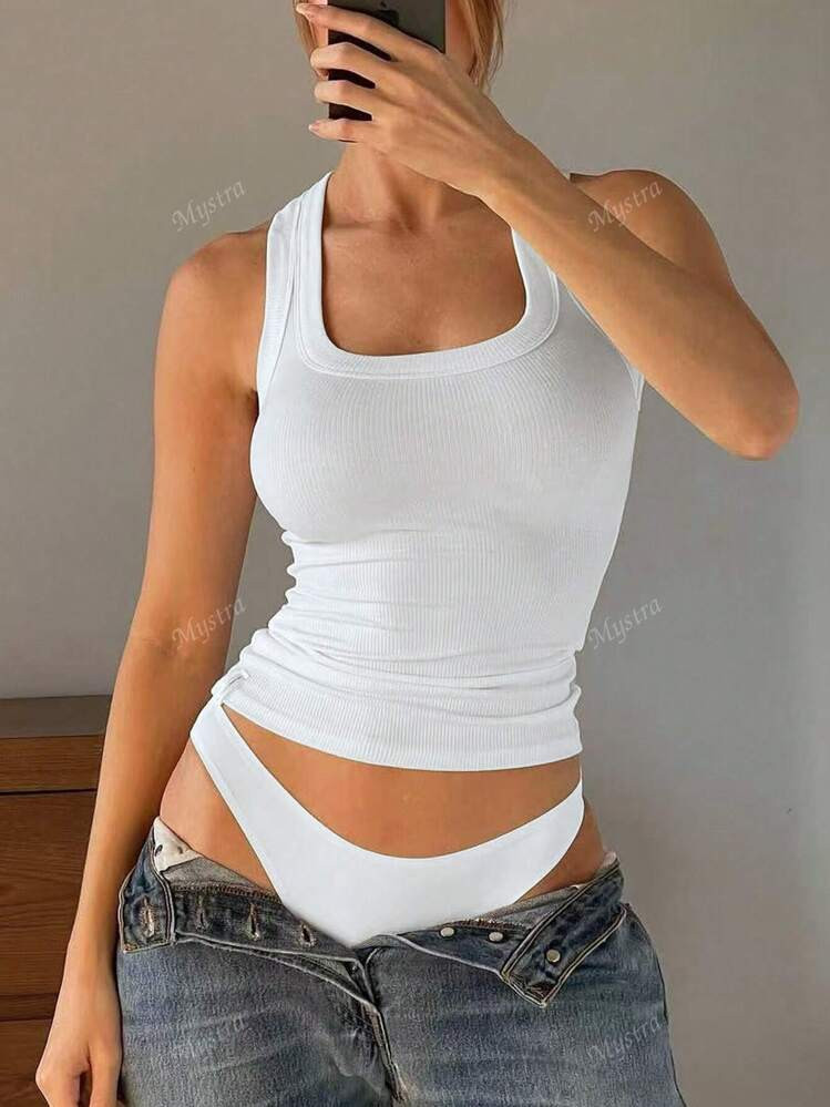 Mystra Women's Summer Simple Vintage Solid Color Ribbed Racerback Tank Top, U-Neck, Casual & Versatile | SHEIN