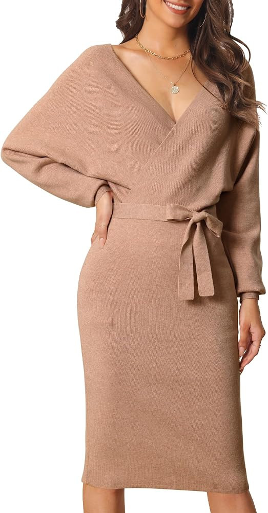 Seta T Women's V Neck Sweater Dress Batwing Sleeve Wrap Backless Knit Fall Midi Dress with Belted | Amazon (US)