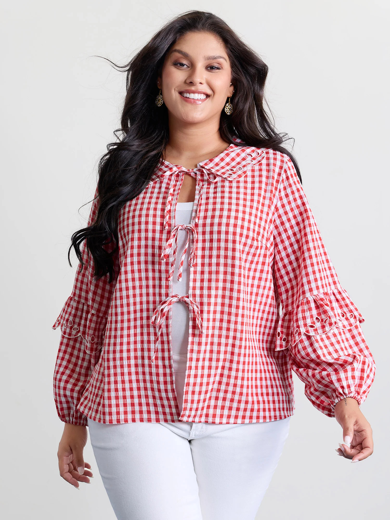 Gingham Embroidered Bow Tie Open-Front Shirt | Bloomchic