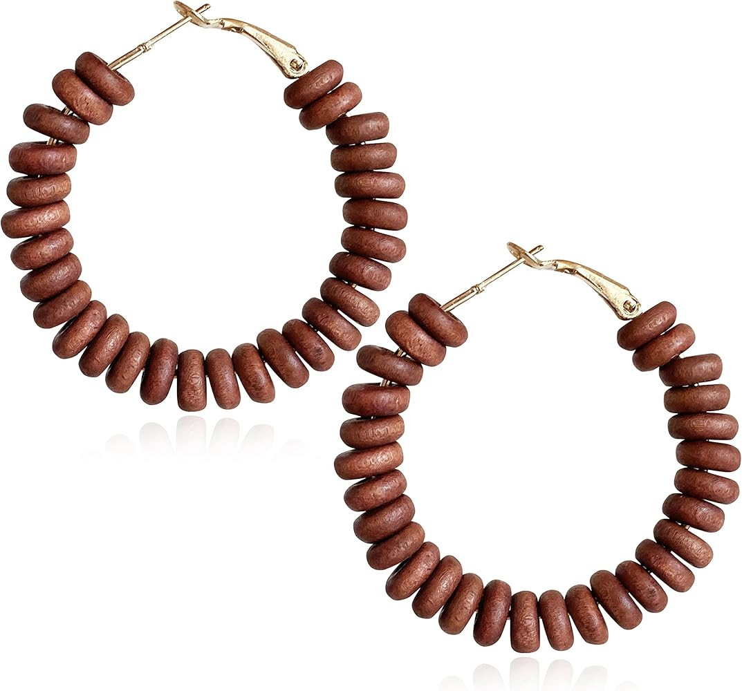 Handmade Nature Wooden Beaded Hoop Earrings Bohemian Minimalist Colorful Circle Round Wood Bead E... | Amazon (US)