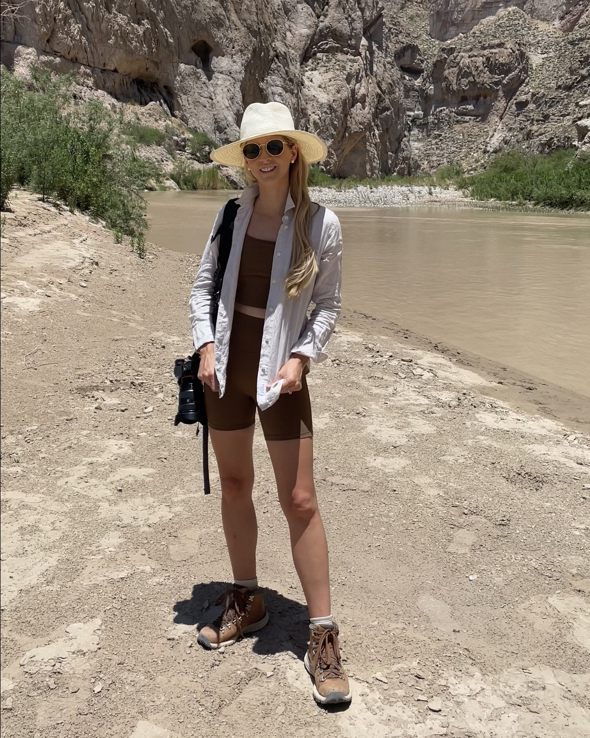 Hiking outfit - brown biker shorts, brown sports bra, linen button down, my all time favorite Danner hiking boots (run tts) with a wide brim hat and sunnies

National park outfit, hiking outfit, summer, hiking boots, line top, linen shirt, jcrew, Nordstrom, ray ban, classic, neutral outfit

#LTKStyleTip #LTKActive #LTKTravel