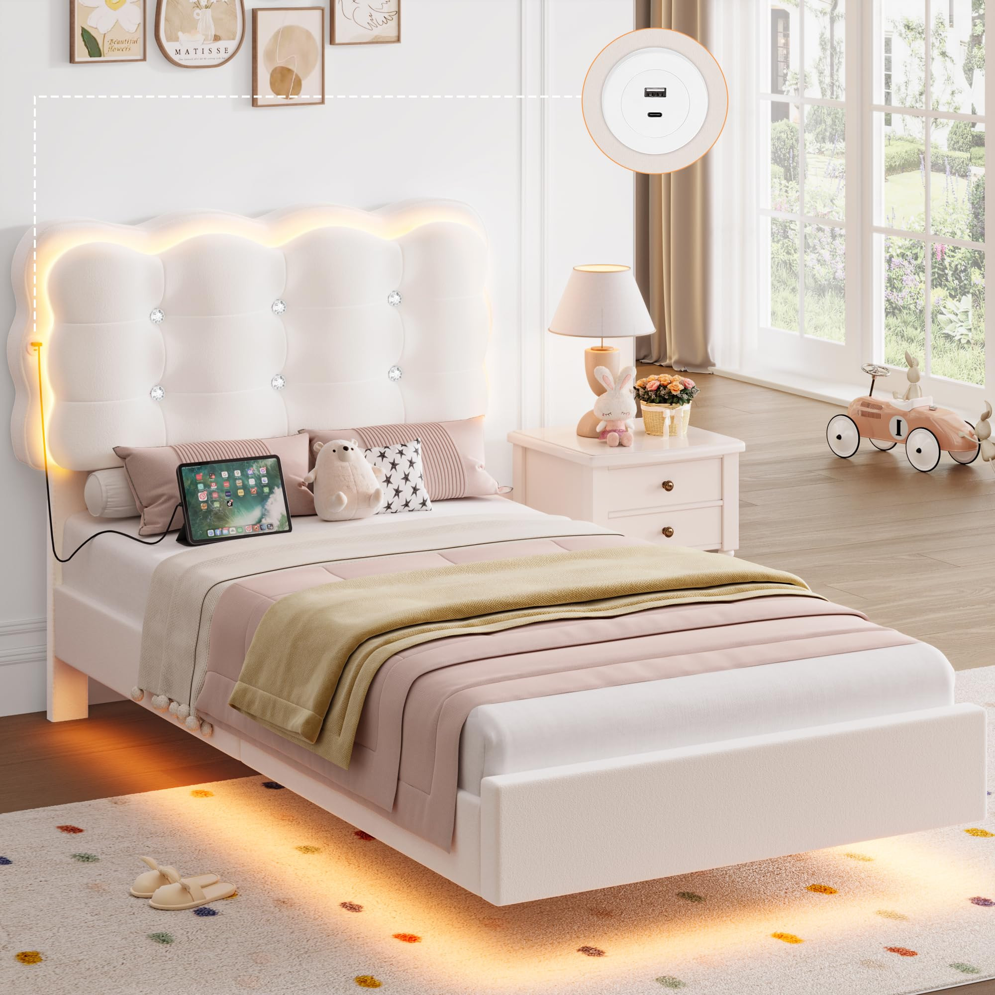 HIFIT Upholstered Twin LED Bed Frame with Charging Station and Adjustable Crystal Button-Tufted P... | Amazon (US)