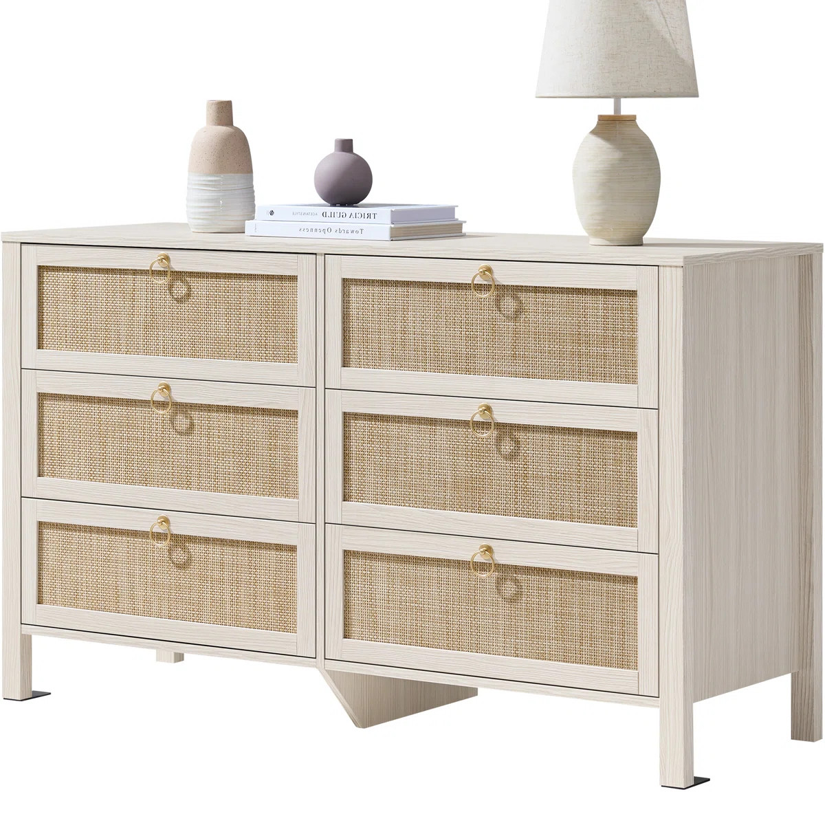 Pomodoro 51" W Rattan 6-Drawer Dresser With Golden Handles — Coastal Boho Bedroom Storage Chest | Wayfair North America