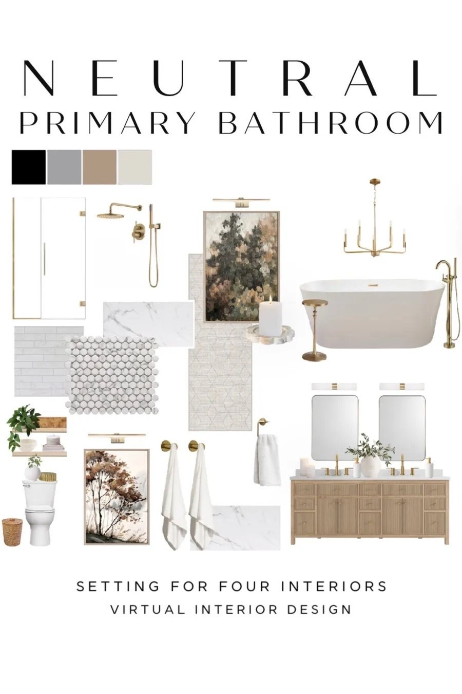Neutral bathroom design and decor ideas.
Organic modern, transitional, earthy, natural, beige, white, black, green, brass, wood, marble, white oak, vanity, bathroom mirror, bathroom sconce, faucet, landscape art, tub, pendant light, tile, shelves, bathroom decor, bathroom tile, penny tile, McGee, Amazon, target #LTKFindsUnder50

#LTKmomlife #LTKSaleAlert #LTKHome