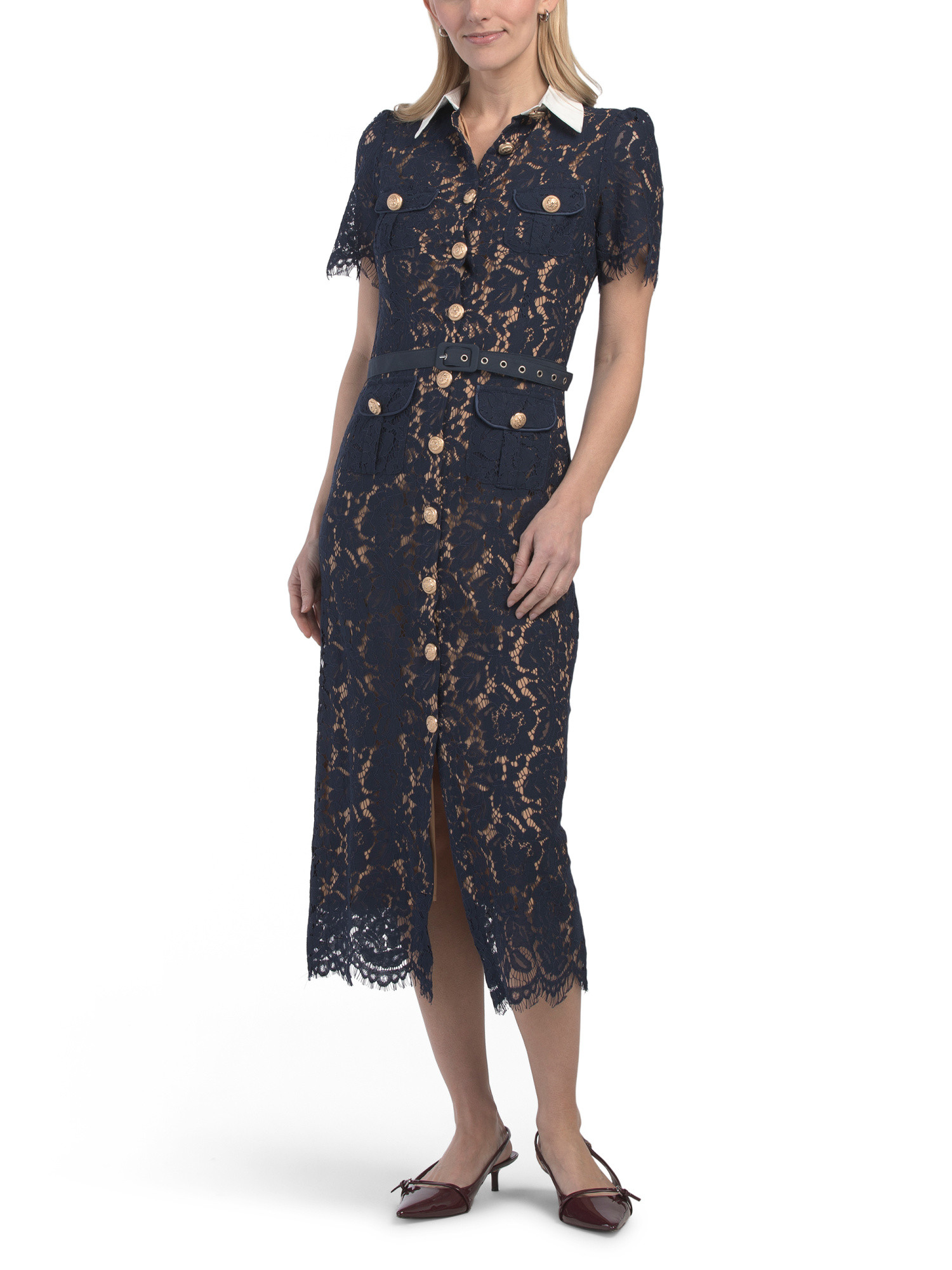 Short Sleeve Color Block Collar Lace Dress | TJ Maxx