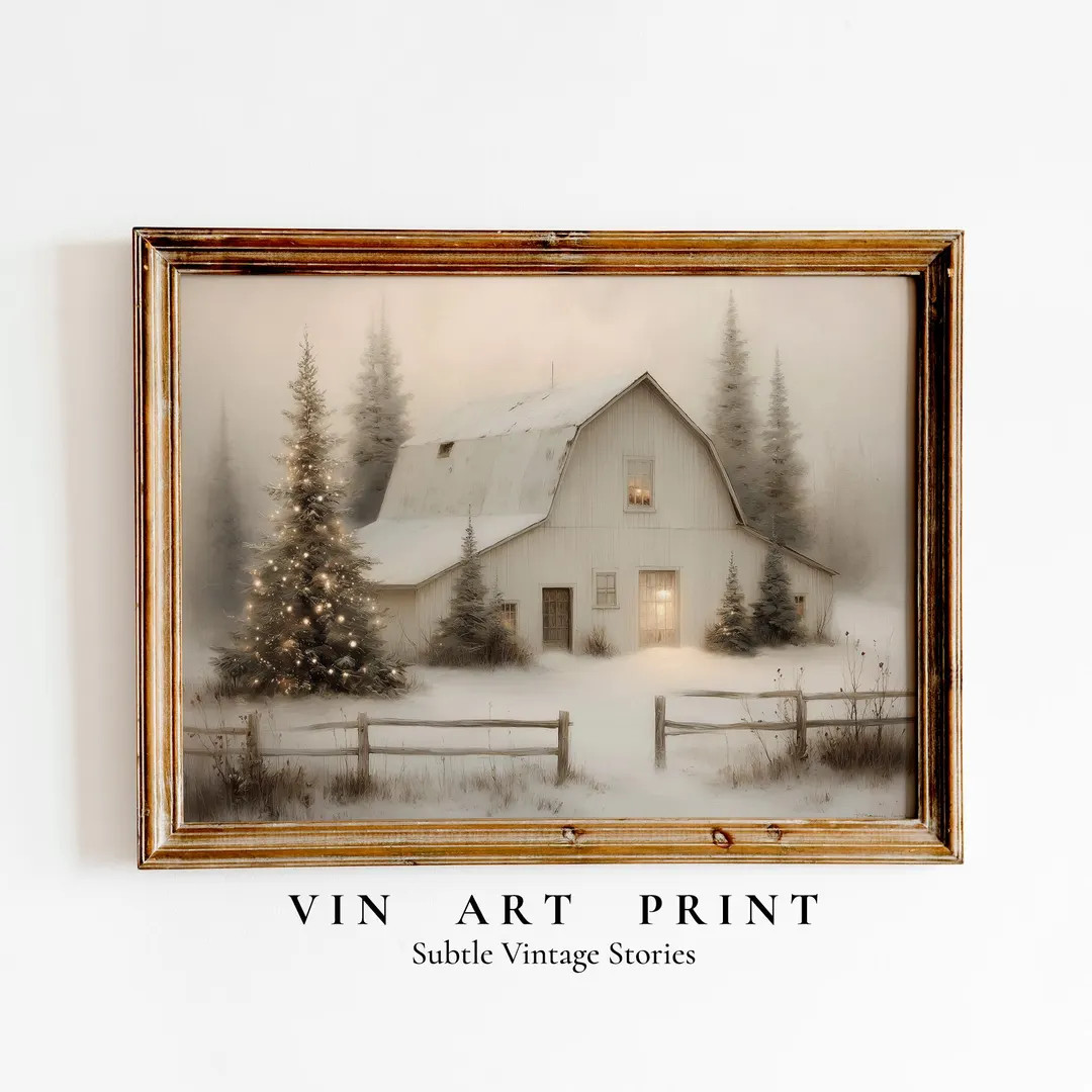 Cozy Snowy Barn Christmas Tree Winter Holiday Printable Wall Art | Rustic Farmhouse Snow Scene | ... | Etsy (US)