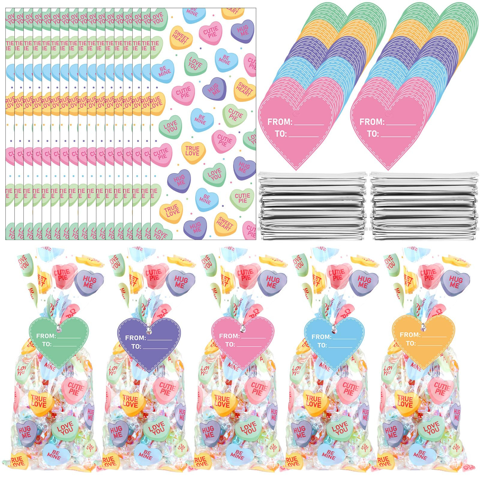 Zhanmai 300 Pcs Valentine's Day Conversation Heart Cellophane Bags Bulk Set with 150 Valentines T... | Amazon (US)