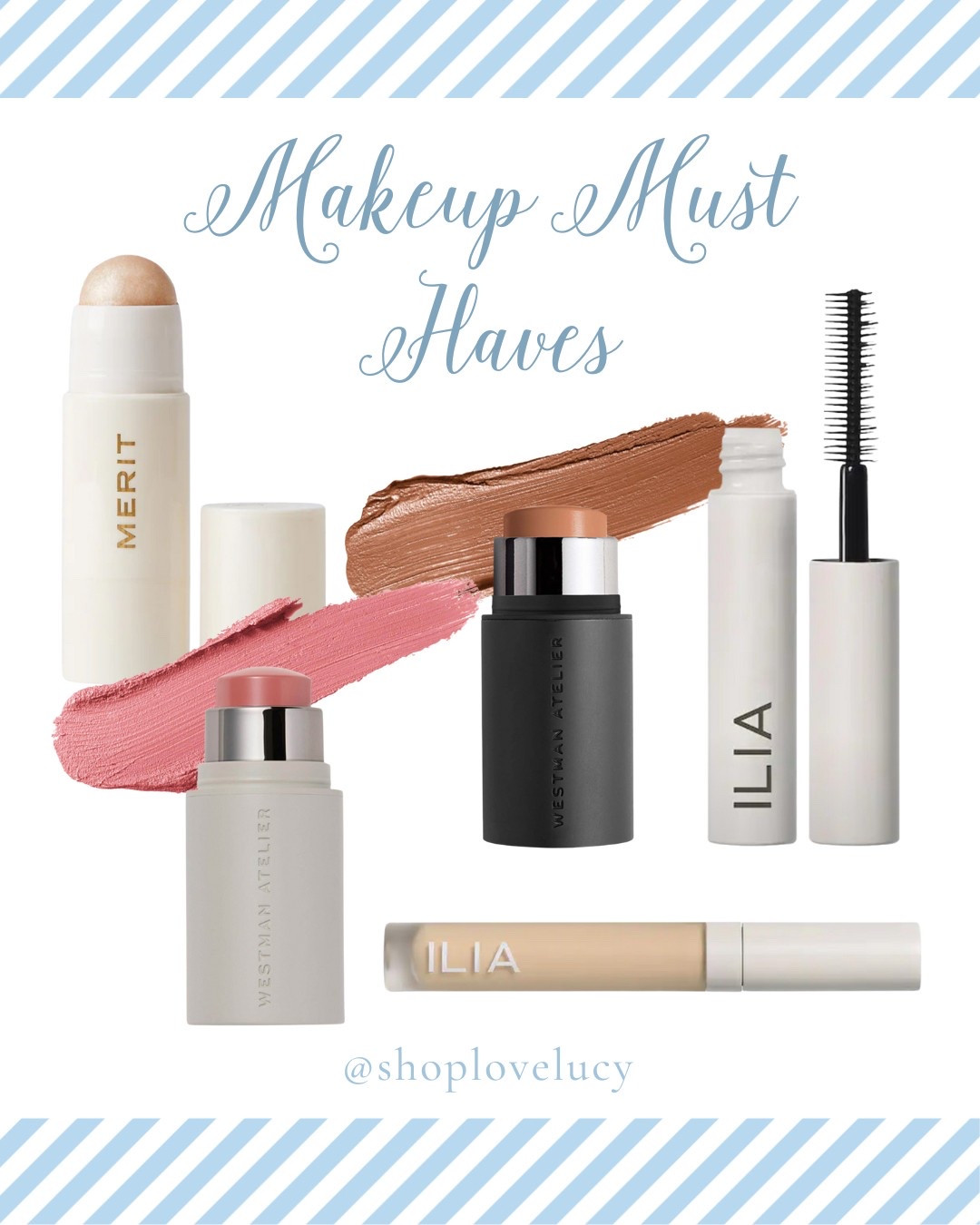 My 5 makeup must-haves — and honestly, all I wear most days:
	1.	Ilia Mascara – for wide-awake eyes
	2.	Westman Atelier Blush Stick – the perfect flush of color
	3.	Westman Atelier Contour Stick – subtle definition, effortless
	4.	Ilia Concealer – bye, dark circles
	5.	Merit Highlighter – makes me look alive, every single time

Simple, glowy, and mom-life approved.

#LTKBeauty
