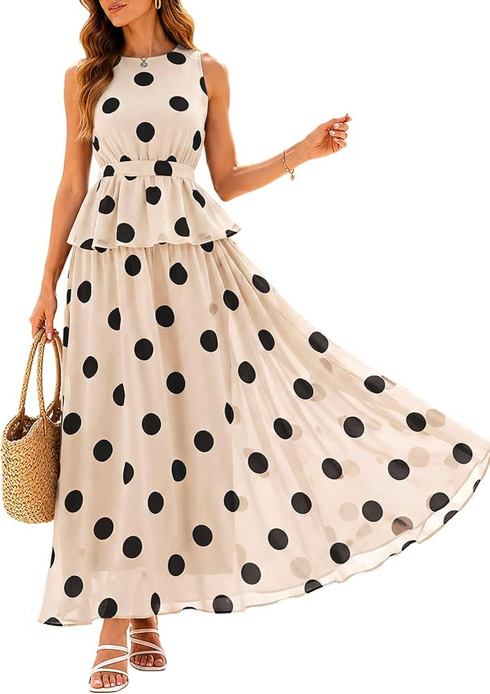 Glamaker Womens 2 Piece Polka Dot Maxi Skirt Set Sleeveless Peplum Top Flowy Matching Outfit for ... | Amazon (US)