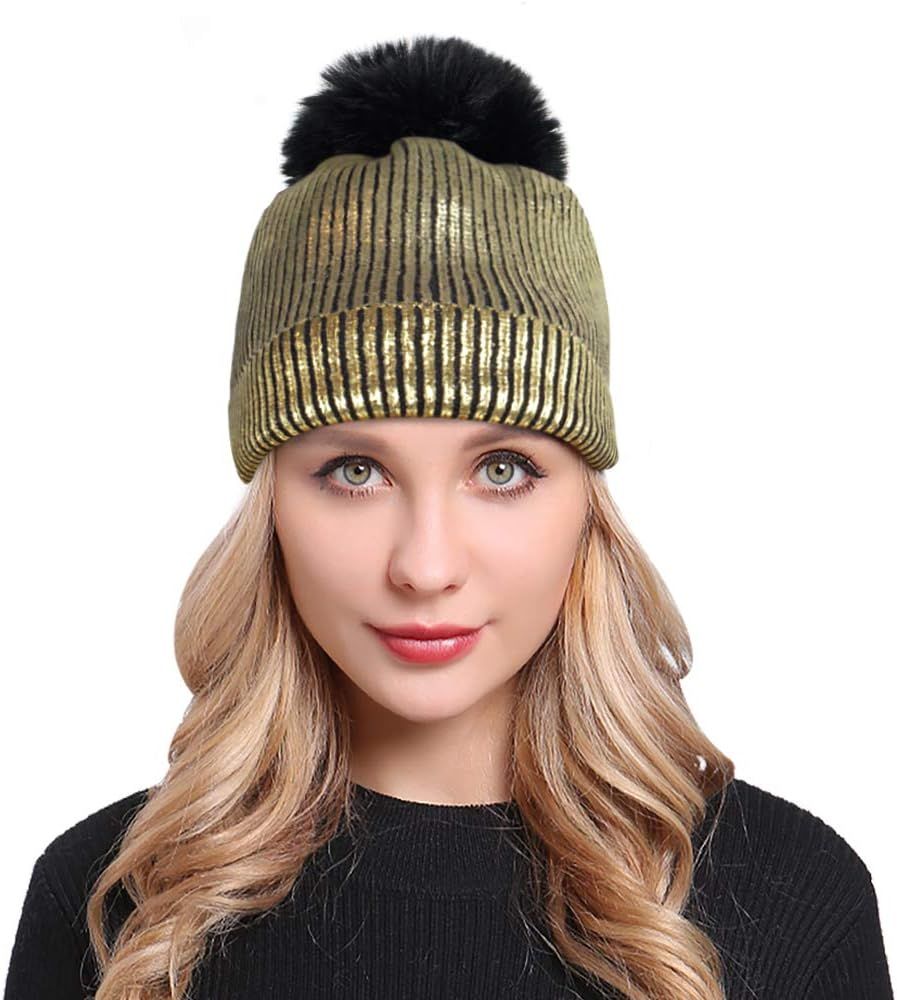 Women Knit Beanie, Chunky Baggy Hat with Faux Fur Pompom Metallic Sequin Beanie Hats Winter Soft ... | Amazon (US)