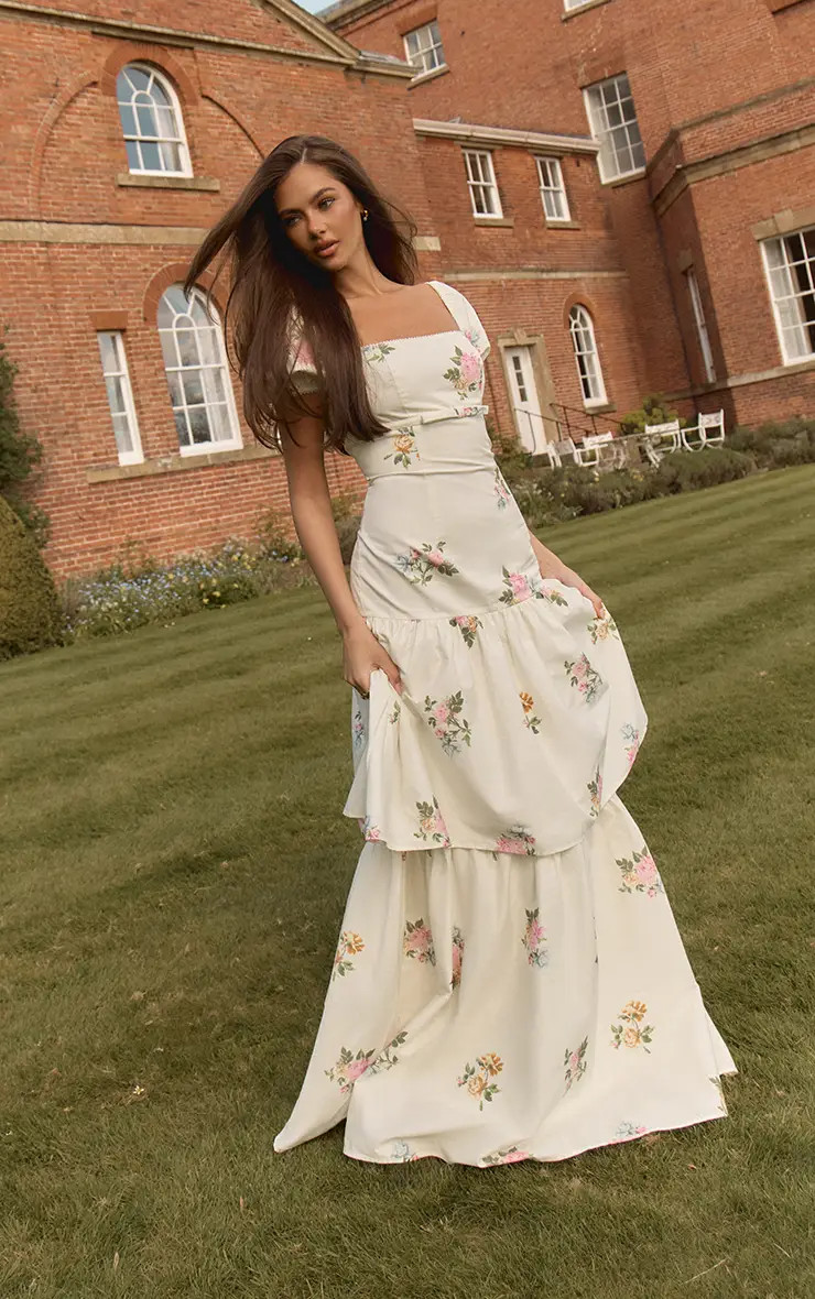 Cream Floral Printed Cotton Tiered Maxi Dress | PrettyLittleThing US