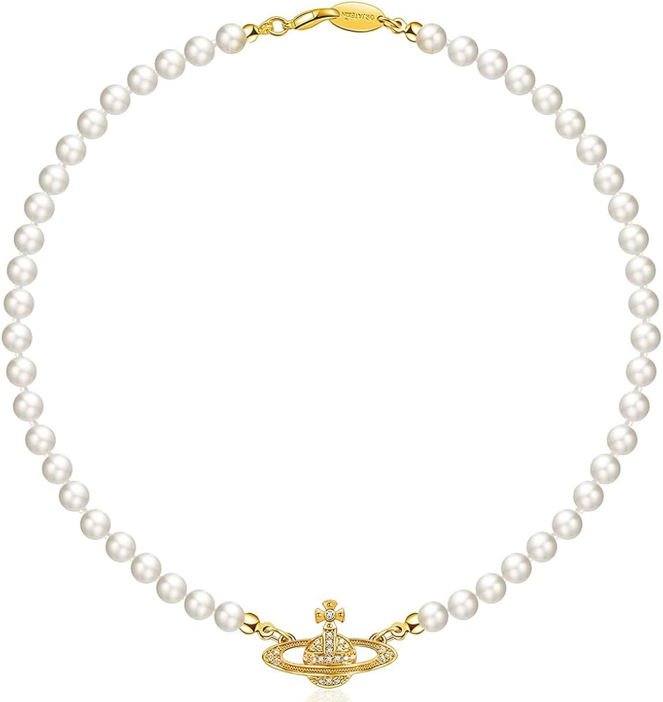 ORJATEXIN Golden Silver Saturn Pearl Necklace Diamond Pearl Bead Crystal Rhinestone Saturn Planet Ne | Amazon (US)