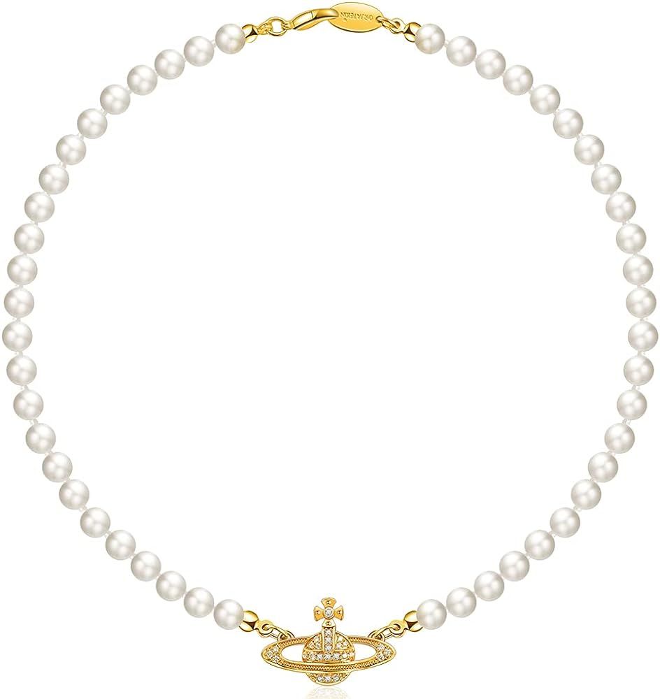 ORJATEXIN Golden Silver Saturn Pearl Necklace Diamond Pearl Bead Crystal Rhinestone Saturn Planet Ne | Amazon (US)