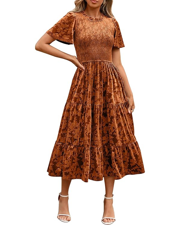Simplee Velvet Dress for Women Semi Formal Short Sleeve Floral Smocked Empire Waist Fall Winter W... | Amazon (US)