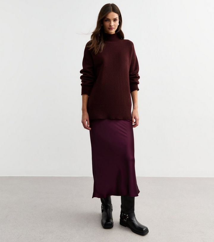 Burgundy Satin Bias Cut Midi Skirt  | New Look | New Look (UK)