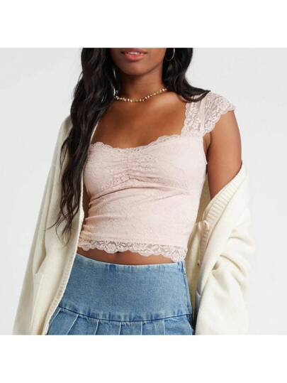 Women Summer Lace Tops Cap Sleeve Square Neck Slim Fit Crop Top T-Shirt | SHEIN