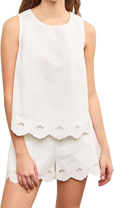 Women Trendy 2 Piece Outfits Shorts Sets Round Neck Sleeveless Scallop Embroidered Edge Top and B... | Amazon (US)