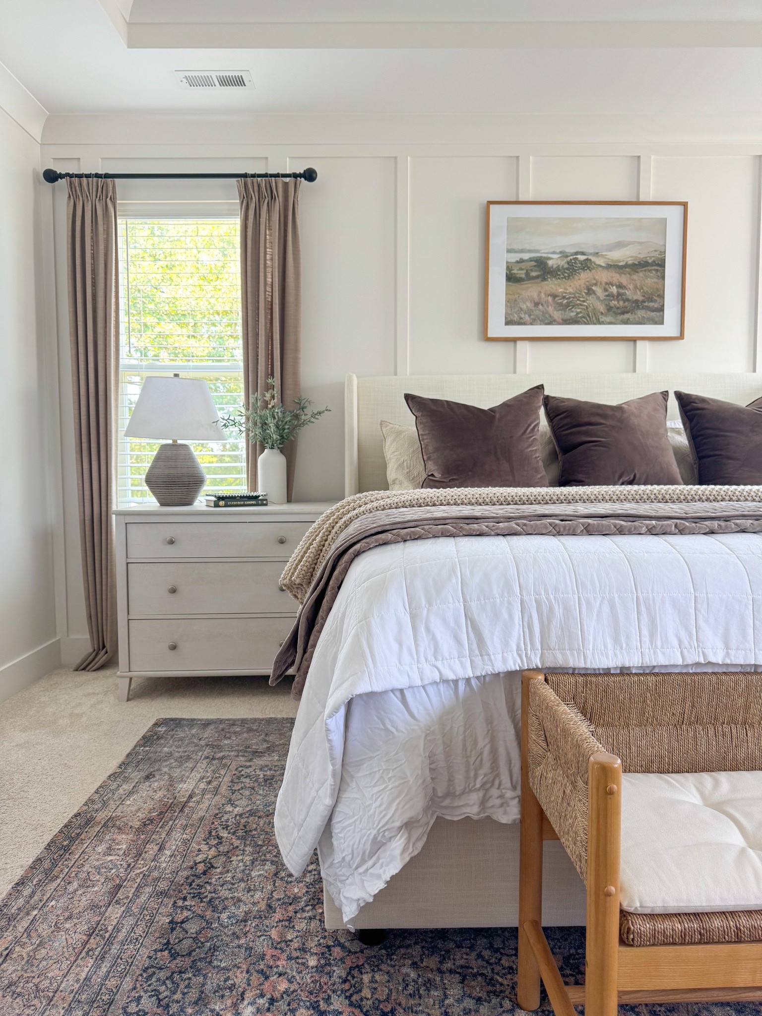 Modern Classic bedroom, bedroom decor, bedroom furniture, Tilly bed, transitional home, master bedroom ideas, neutral bedroom, bedroom curtains, pinch pleats, neutral bedding, art over bed, affordable art, nightstands

#LTKHome #LTKFamily #LTKStyleTip
