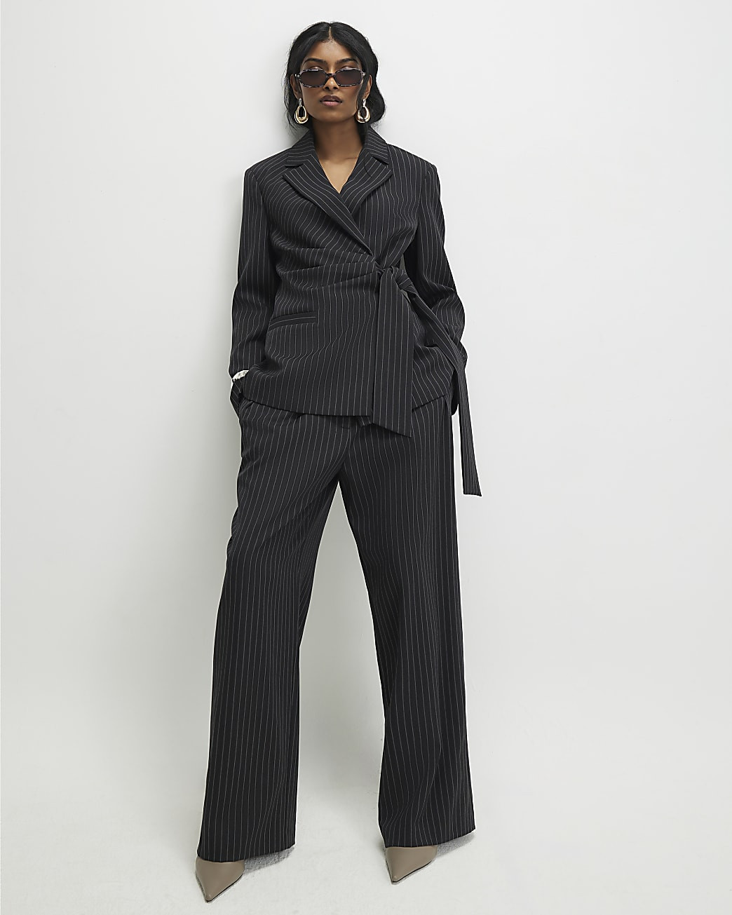 Black Stripe Wide Leg Trousers | River Island UK & IE