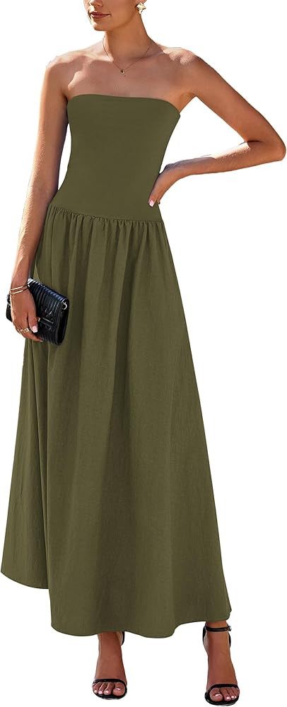 PRETTYGARDEN Women's 2025 Spring Strapless Maxi Dresses Patchwork Long Flowy Pockets Elegant Goin... | Amazon (US)