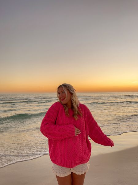 cozy beach sunset outfit all from princess Polly, the cutest pink chunky knit sweater paired with white ruffle knit shorts 

#LTKfindsunder100 #LTKbump #LTKSeasonal