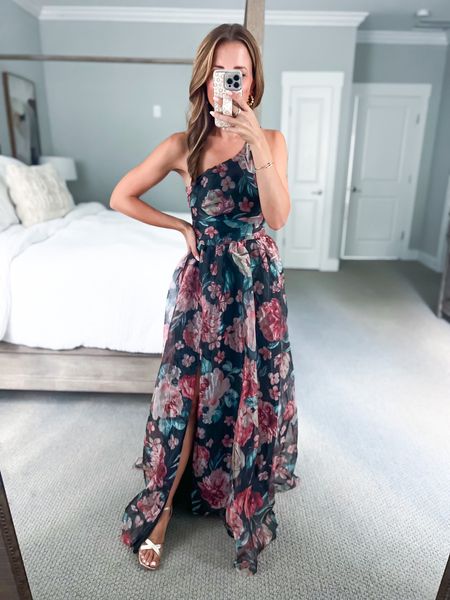 Formal dresses. Fall wedding guest. Wearing XS. Party dresses. Winter wedding guest. Black tie wedding guest dress. Black tie optional dress. Wedding guest maxi dress. Floral maxi dress. Gold heels are TTS and very comfy! Code LISA20 works on first time purchases. Bedroom. Pottery barn canopy bed. 

#LTKtravel #LTKparties #LTKwedding