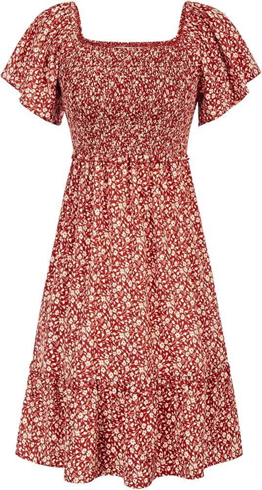 GRACE KARIN Summer Ruffle Dress Flounce Sleeve Shirred Floral Print Off Shoulder Mini Dress | Amazon (US)