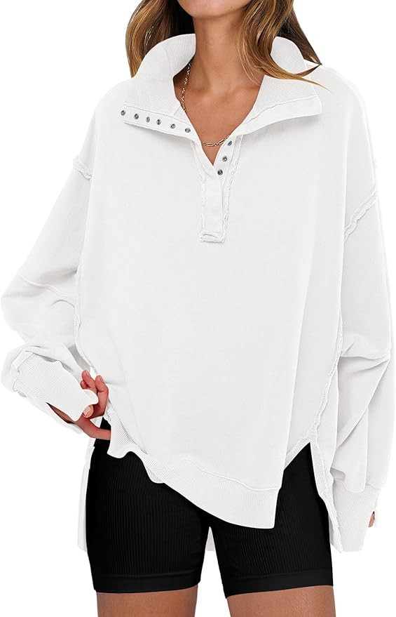 ANRABESS Women's Sweatshirts Oversized Casual Loose Button Up Henley Pullover Top High Low Split ... | Amazon (US)