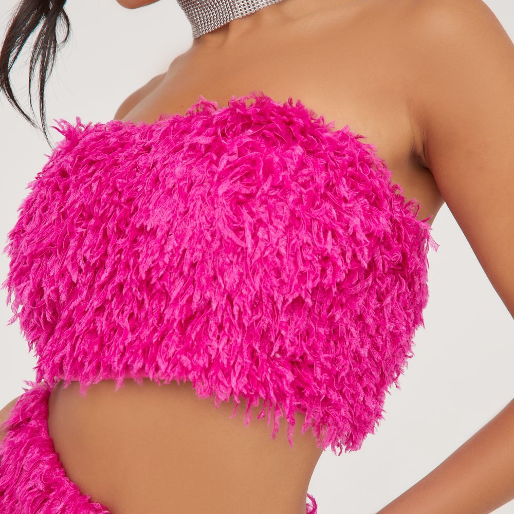 Bandeau Lace Up Back Detail Crop Top In Pink Faux Feather | Ego Shoes (UK)