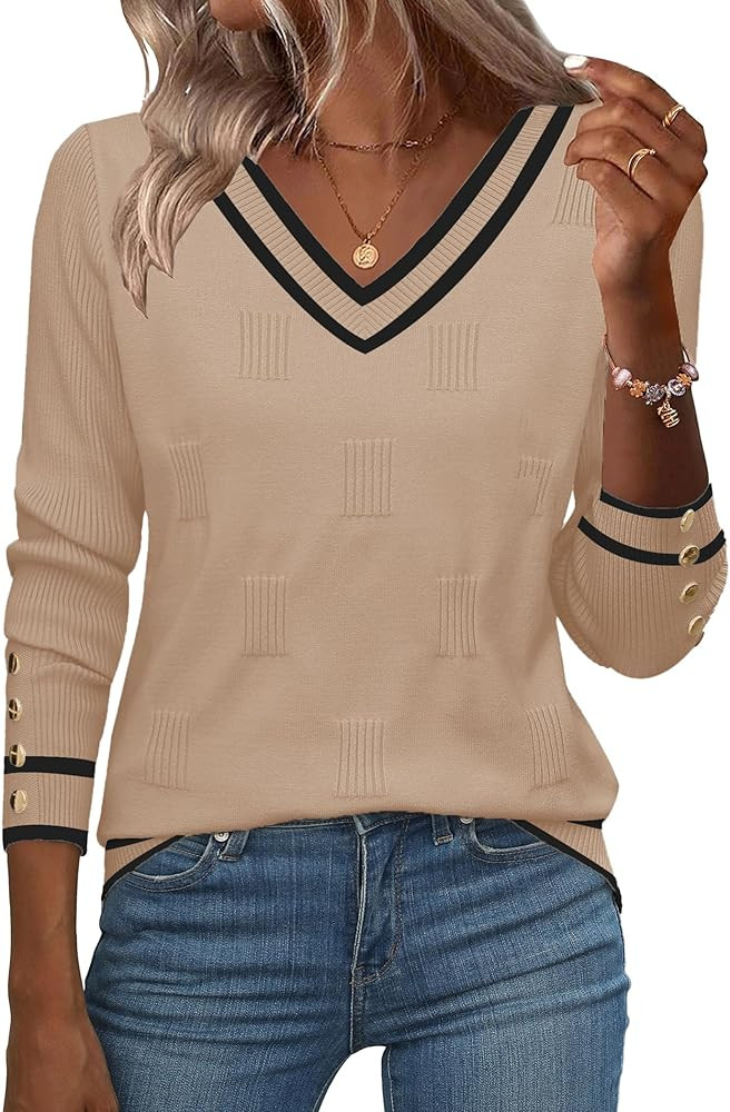 Zeagoo Womens V Neck Sweaters Shirts Long Sleeve Lightweight Ribbed Knit Pullover Sweater Blouse ... | Amazon (US)