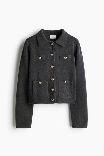 H & M - Cardigan mit Kragen und Taschen - Grau - Damen | H&M (DE, AT, CH, NL, FI)