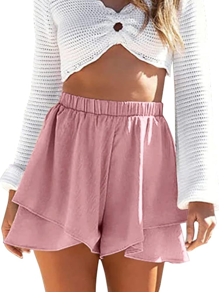 Rooscier Women's High Waist Layered Wide Leg Flowy Beach Shorts | Amazon (US)