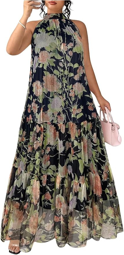 BEAUDRM Women's Plus Size Boho Maxi Dress Ruffle Flowy Wedding Guest Dress Halter Sleeveless Summ... | Amazon (US)