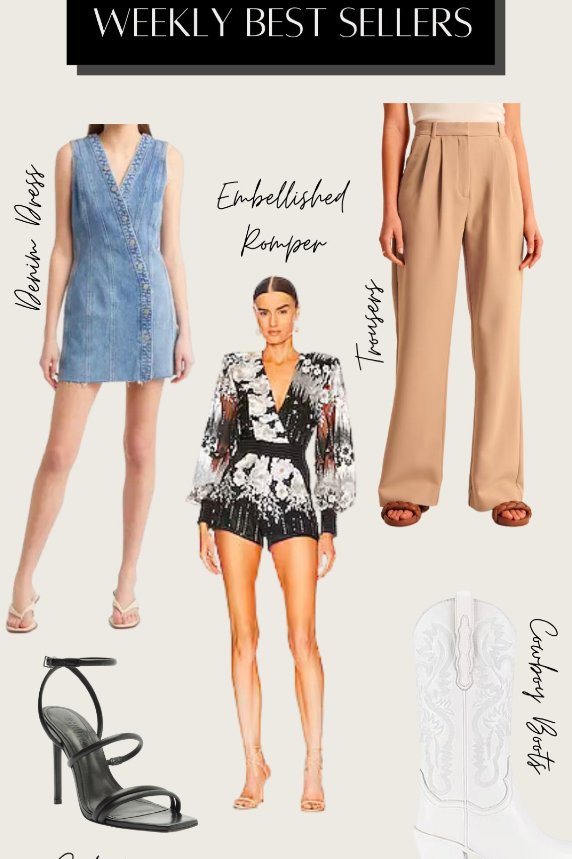Weekly favorites: Rails denim dress, Abercrombie trousers, embellished romper, Schutz black heels and Jeffrey Campbell white cowboy boots. 

#LTKstyletip #LTKSeasonal #LTKshoecrush