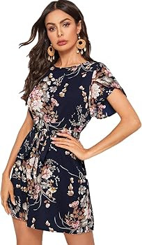Romwe Women's Petal Short Sleeve Floral Print Belted Casual Mini Tunic Dress | Amazon (US)