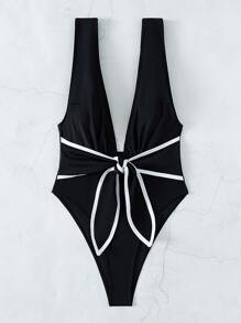 Knot Front Plunging One Piece Swimsuit SKU: sW210616418363434(1000+ Reviews)$11.98$14.00-14%S3 Ex... | SHEIN