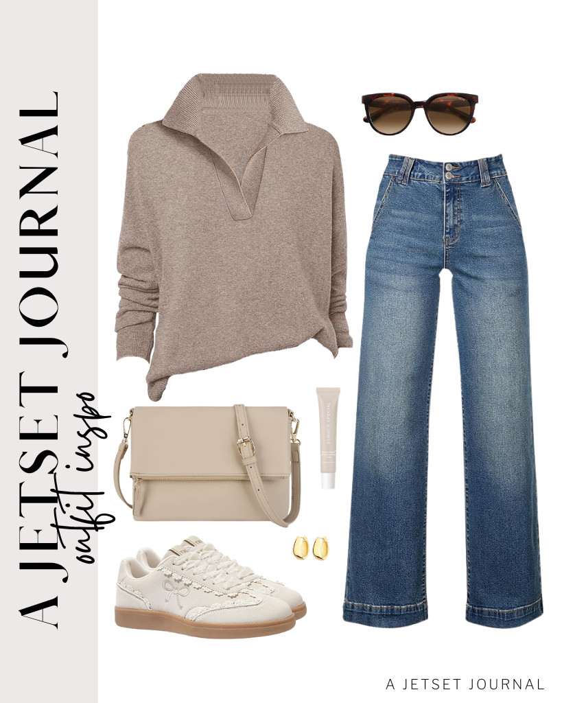 I love how fab this tan-colored sweatshirt-and-jeans combination is. Style it with white sneakers with cute lace and ribbon details, and SOJOS trendy sunglasses. 

 #LTKSeasonal #LTKSaleAlert #LTKTravel