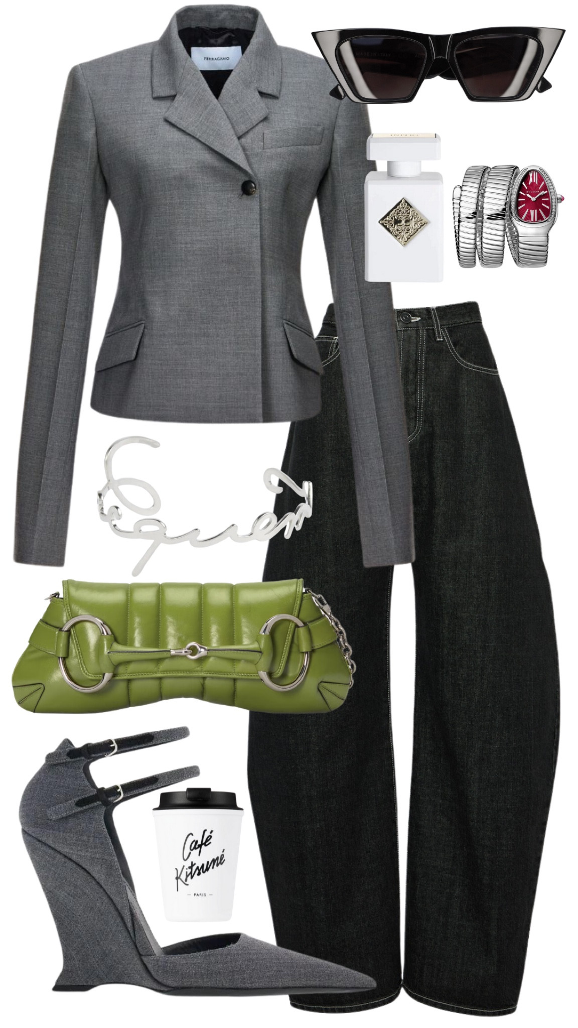 ferragamo blazer 
alaia jeans 
ferragamo heels 
gucci horsebit bag 
phoebe philo sunglasses 
jacquemus necklace 
initio rehab perfume 
Bulgari serpenti watch 
cafe kitsune coffee cup 

#LTKworkwear #LTKshoecrush #LTKstyletip
