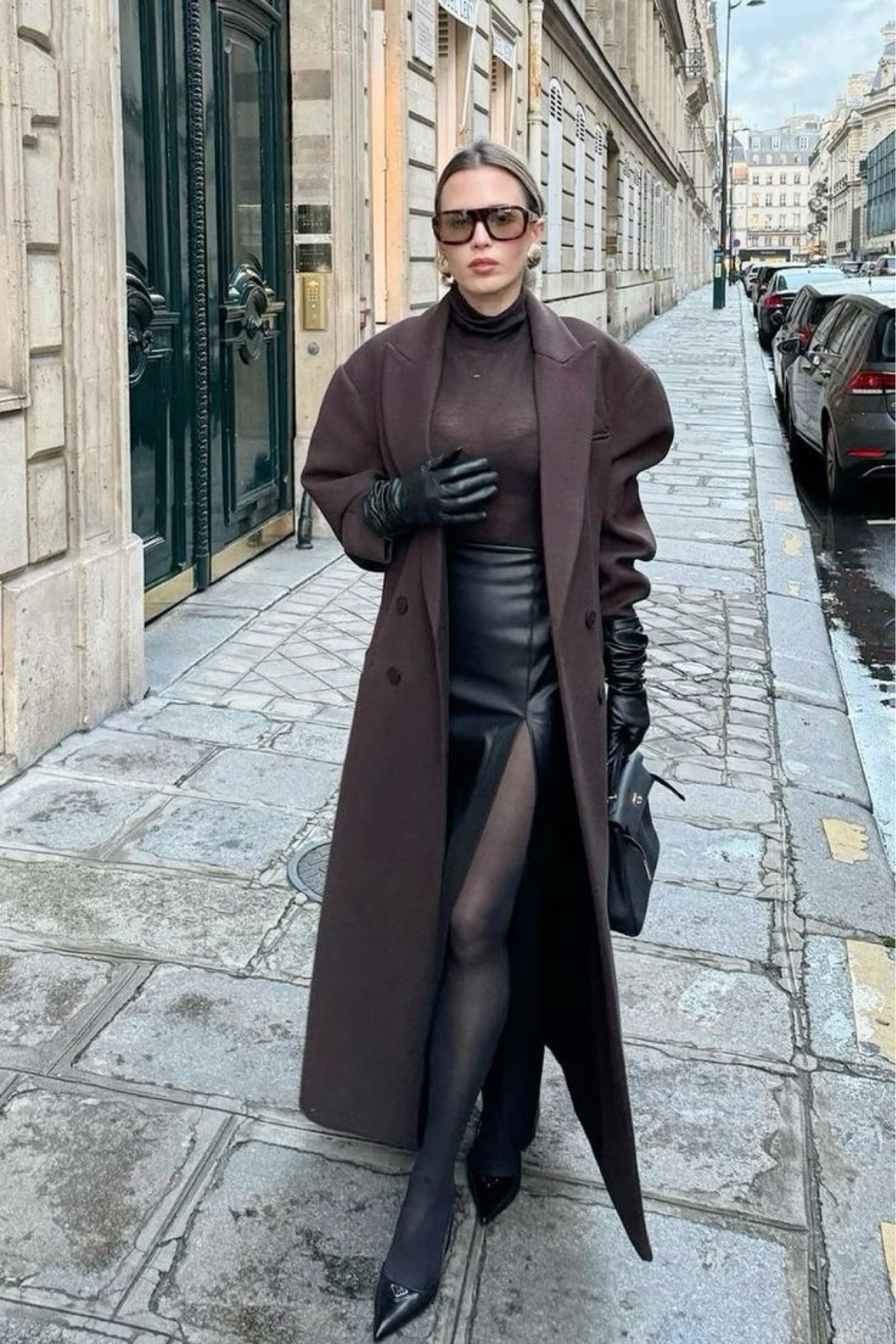 Brown long wool coat, maxi split leather skirt, leather glove, sheer brown long sleeve top 

#LTKFallSale #LTKStyleTip #LTKNYFW