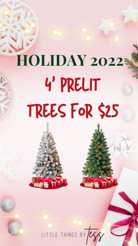 4’ prelit Christmas trees for only $25!  Flocked and non-flocked options, and the non flocked has different light options too. Perfect for a kid’s room, small space, college, etc  
#walmart