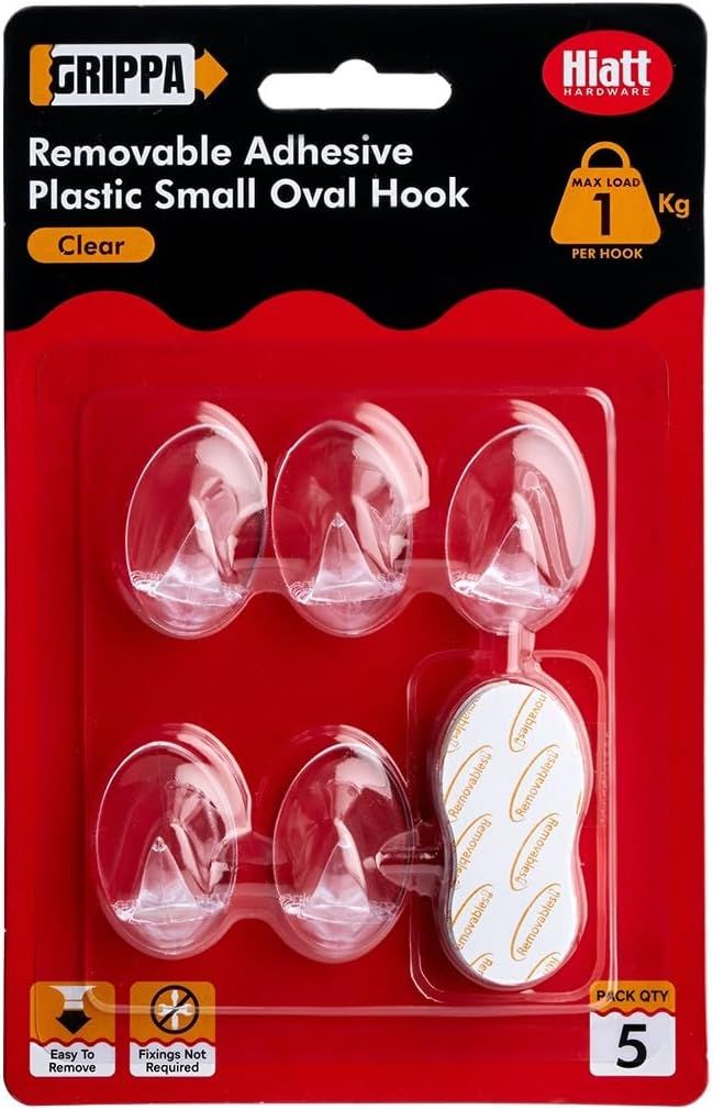 GRIPPA Self Adhesive Small Oval Hooks, Removable Sticky Hooks, Holds Up to 1kg - Clear Pack of 5 | Amazon (UK)